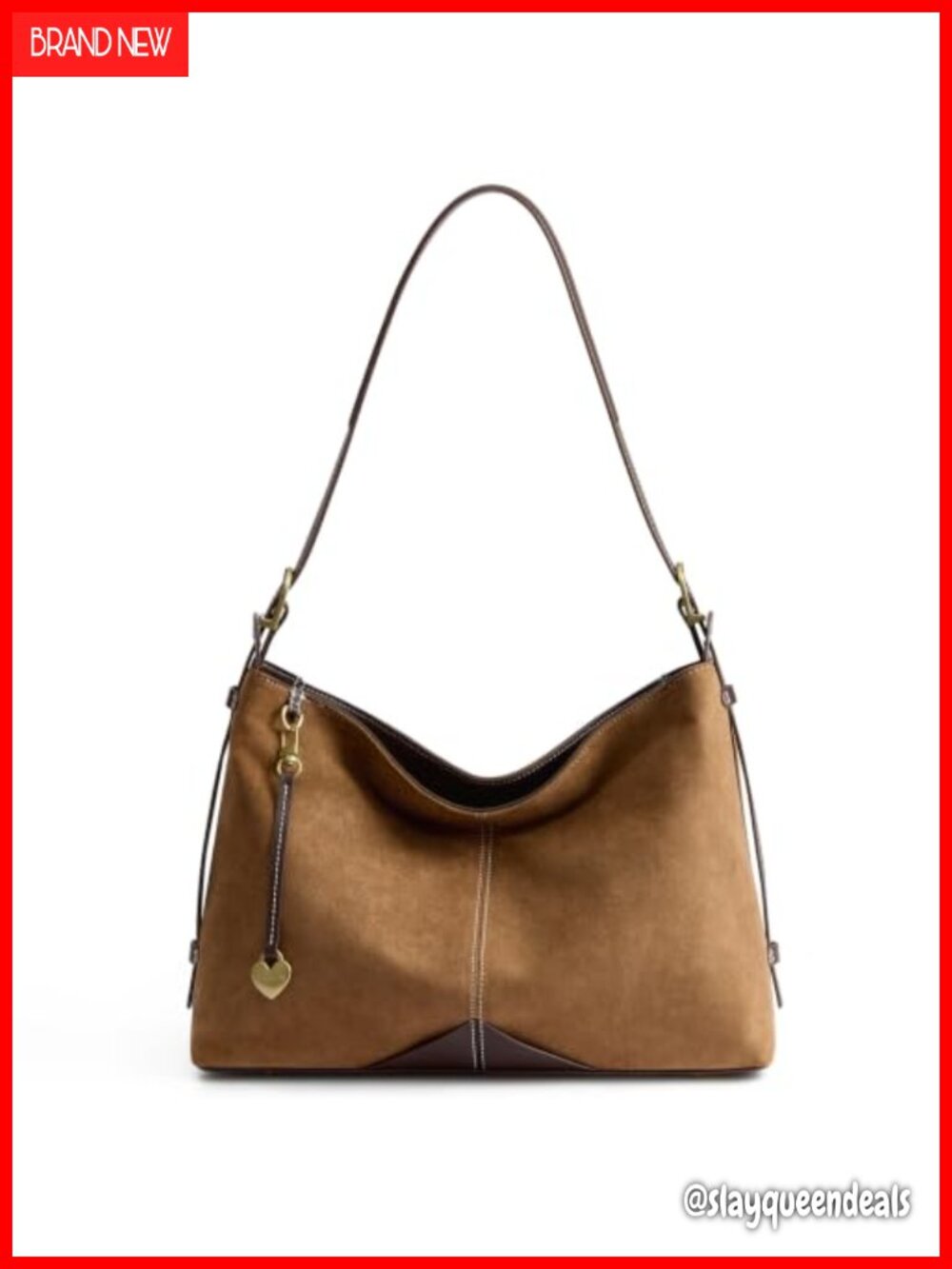 Faux Leather Hobo Tote Bag, Adjustable Strap, Heart Charm